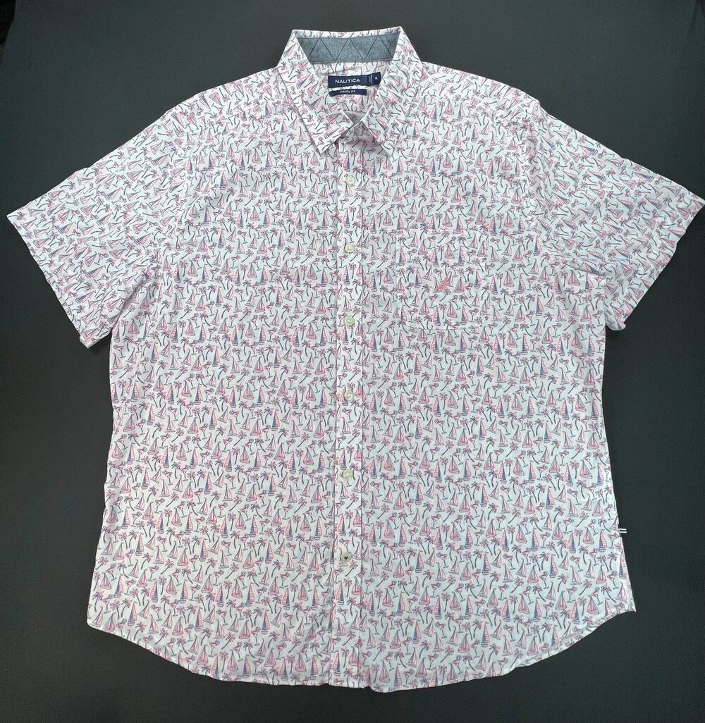 Nautica Classic Fit Preppy Pink Sailboat Short Sleeve Button Up Shirt (Size XL)